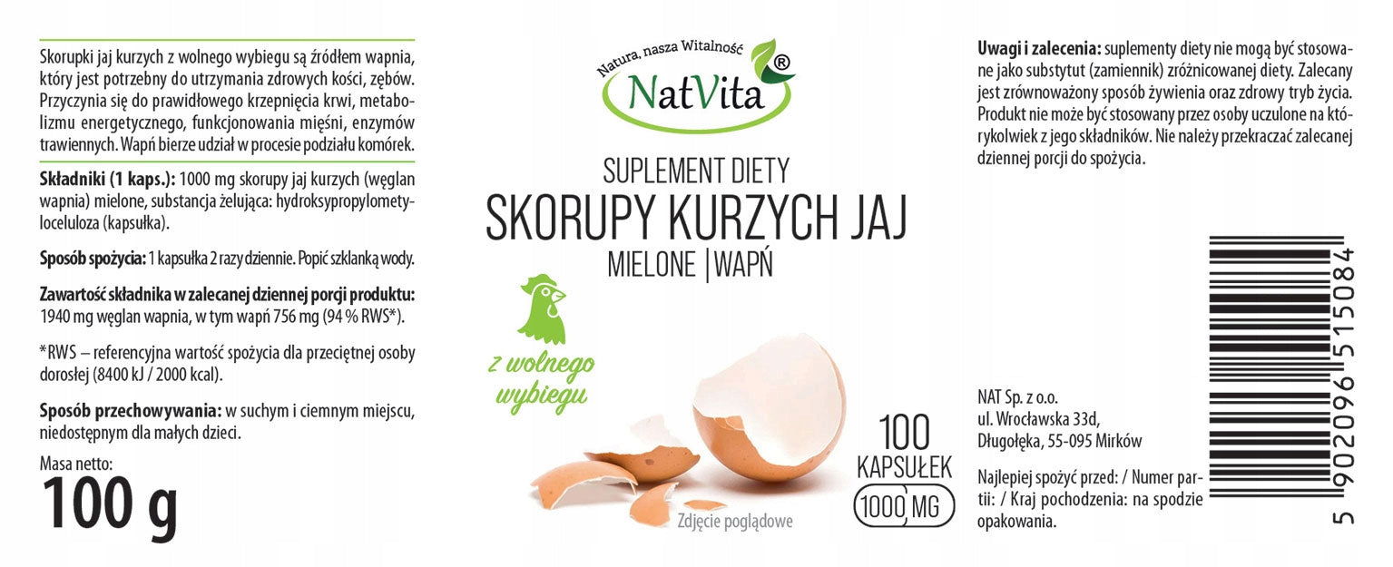 Chicken Egg Shells (Calcium) Cellulose Capsules 1000mg 100 Capsules NatVita Packaging status original