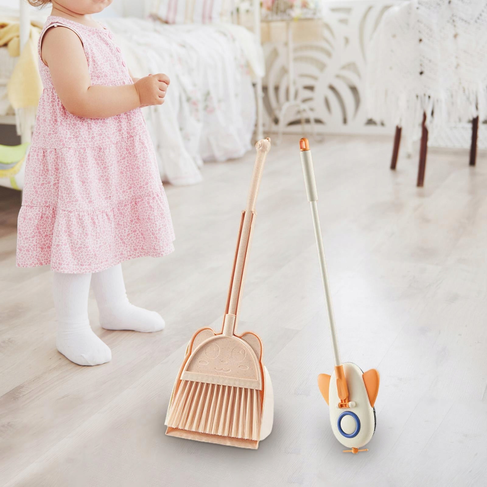 Children Cleaning Broom Dustpan Set Housekeeping Play Set Mini Beige