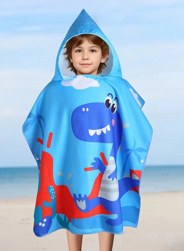 Children's Beach Poncho Bath with Hood Dino Pool Towel Color blue