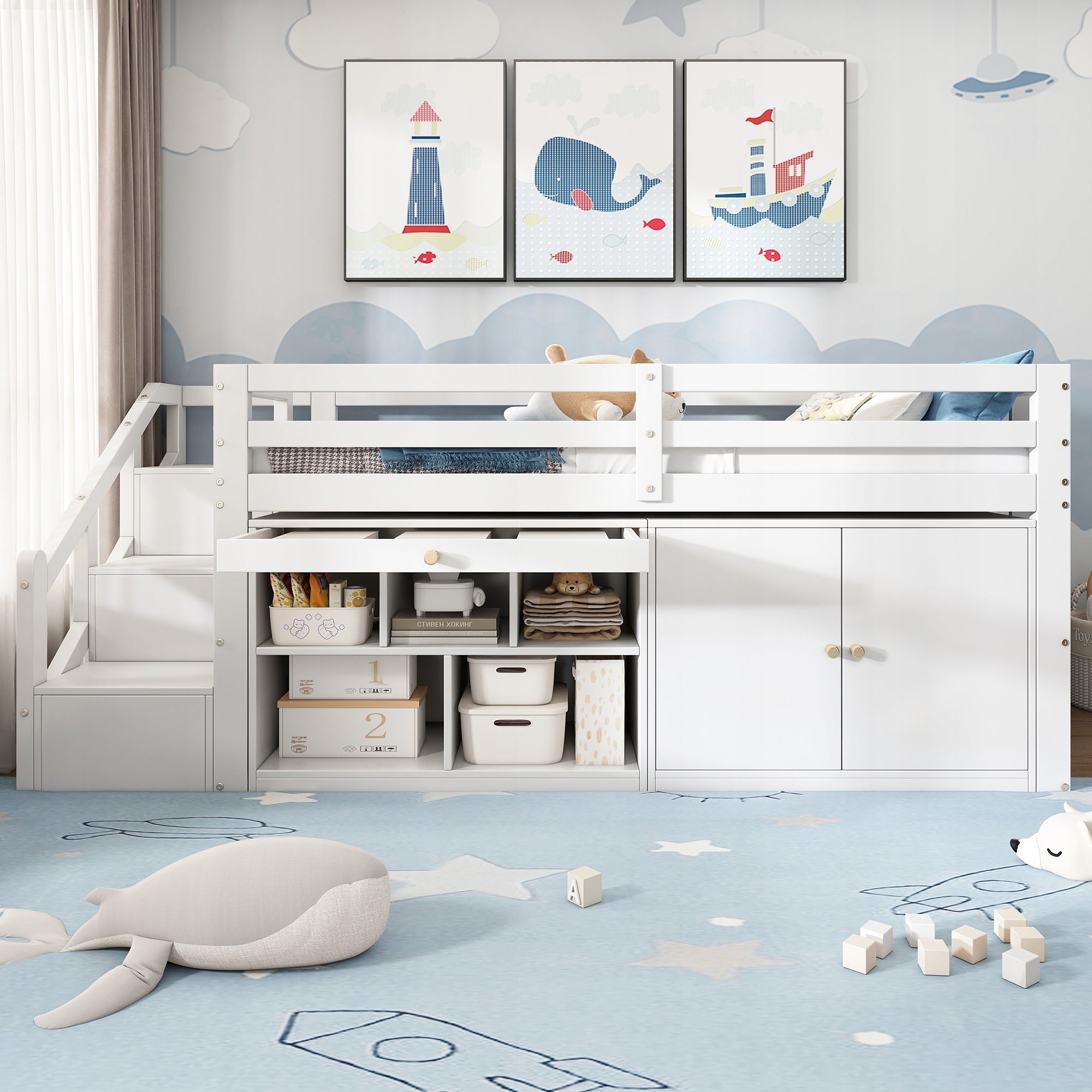 Children's Bunk Bed Stairs Cabinet Desk 90x200cm white