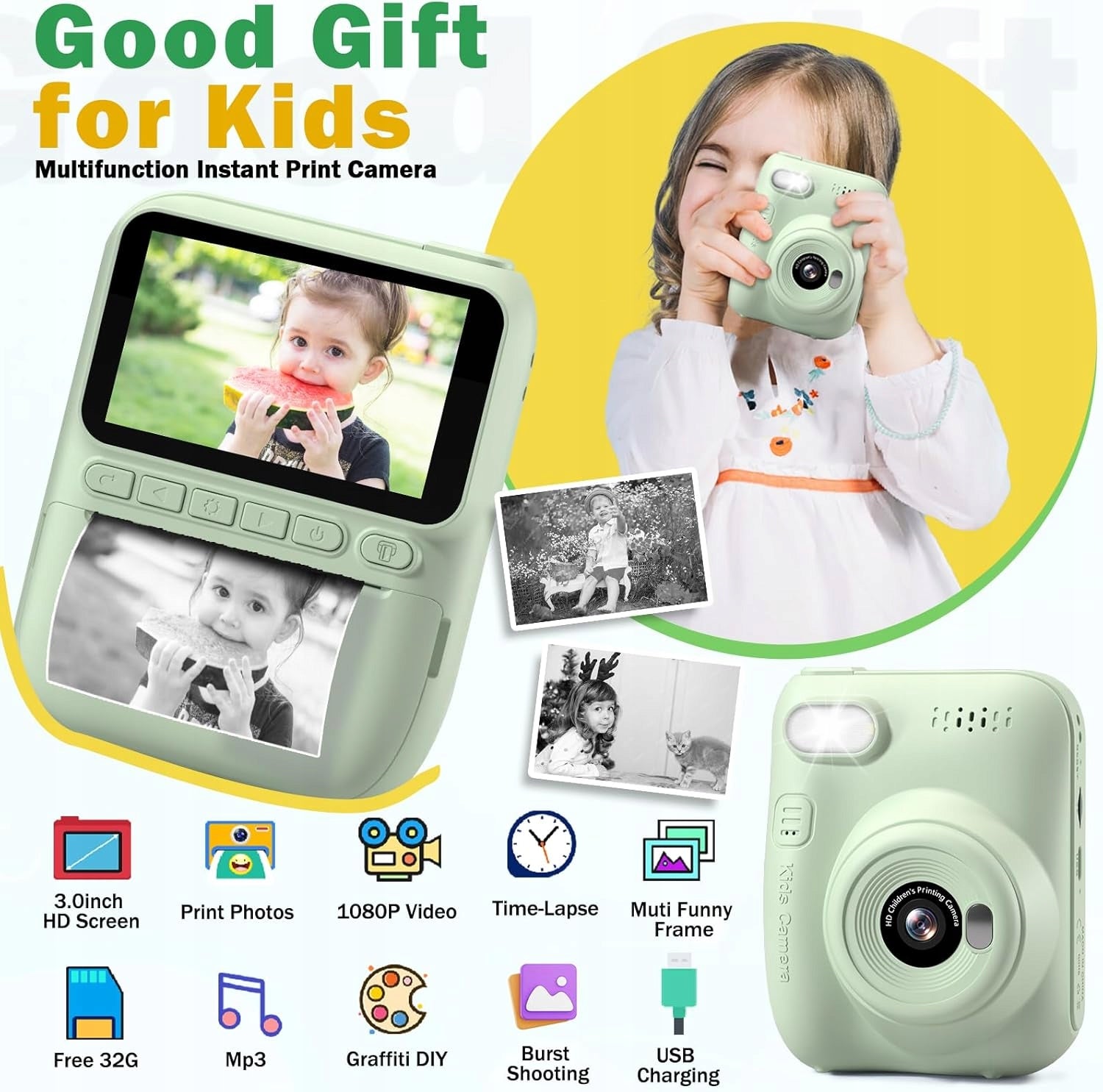 Children's Camera Instant Printing 14MP 1080P 32GB Green Manufacturer code B0F1FQFLXL