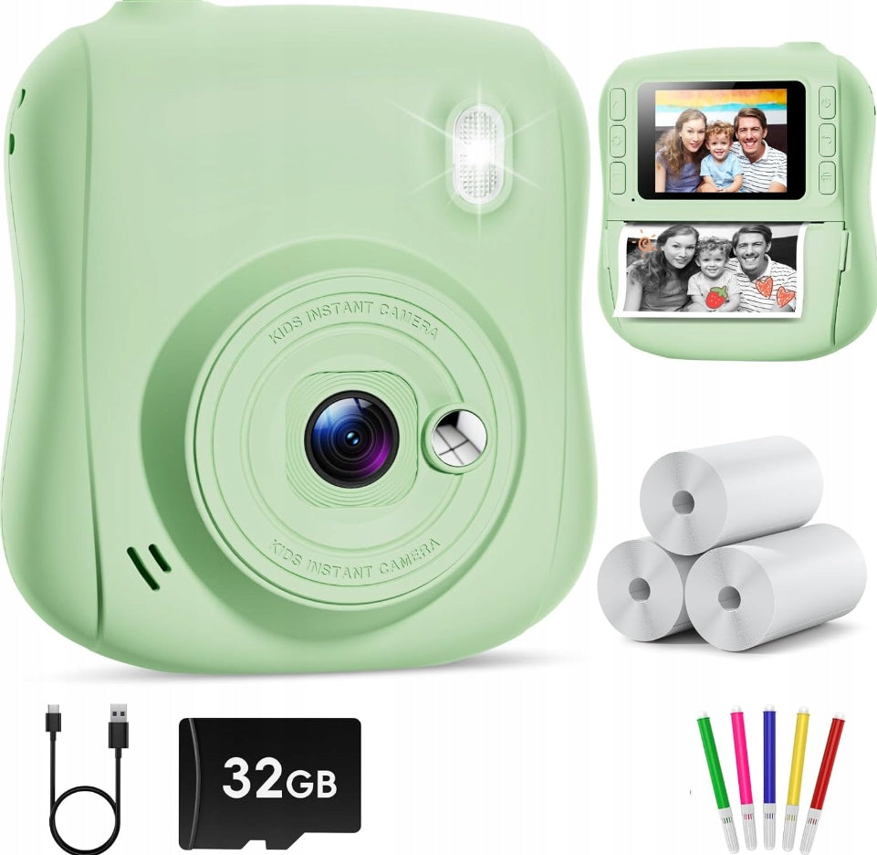 Children's Camera Instant Printing 14MP 1080P 32GB Green