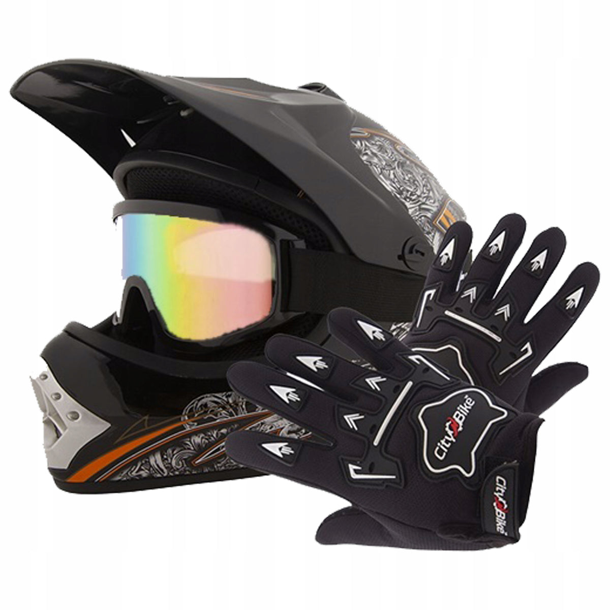 Children's Cross Helmet Goggles and Gloves for Enduro BMX Quad S Black