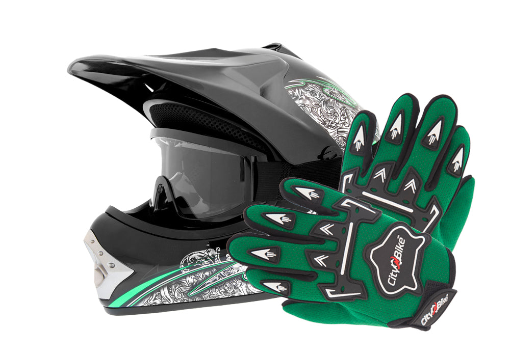 Children's Cross Helmet Goggles and Gloves for Enduro BMX Quad XS Black
