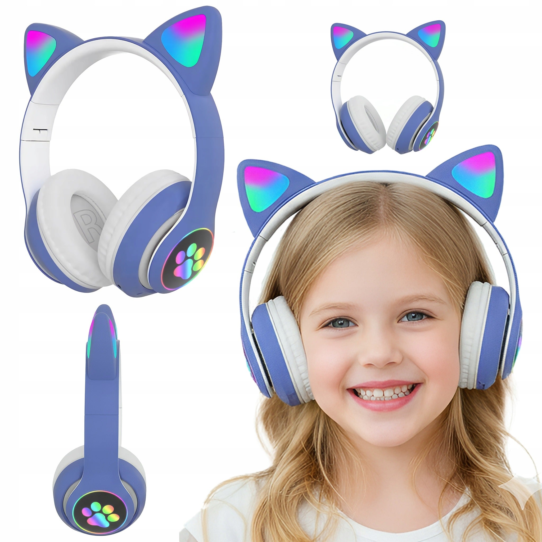 Children's Headphones Wireless Bluetooth On-Ear Cat Ears Blue