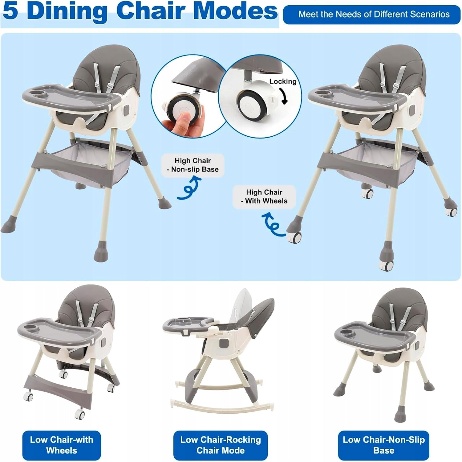 Children's Highchair 3in1 Folding Adjustable With Table Wheels Grey Brand no brand