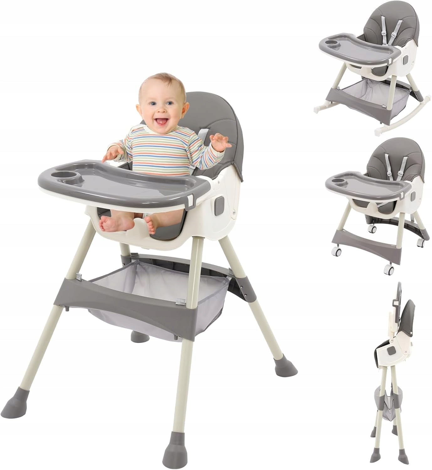 Children's Highchair 3in1 Folding Adjustable With Table Wheels Grey