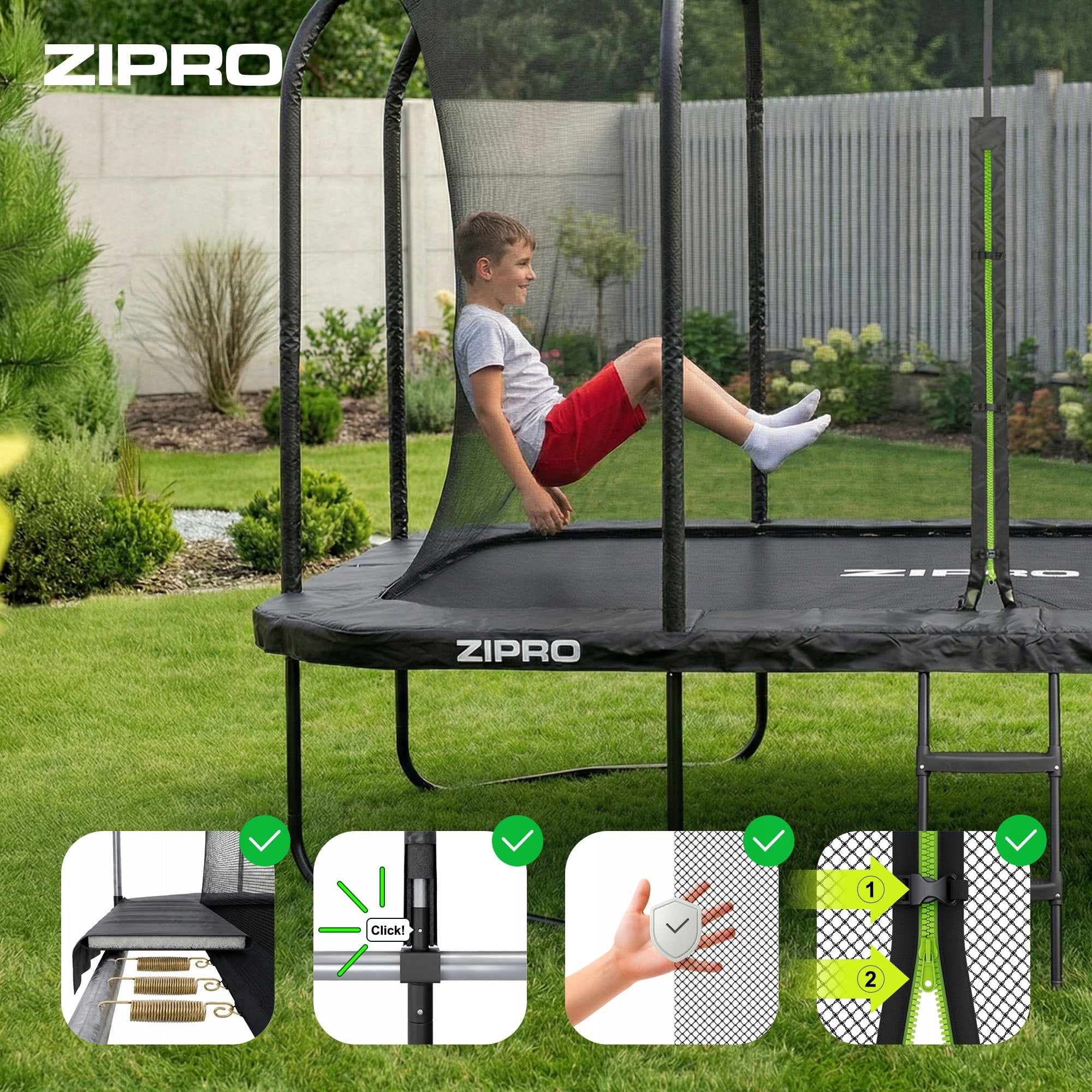 Children's Rectangular Garden Trampoline with Inner Mesh 8FT x 12FT Zipro Total height 260 cm