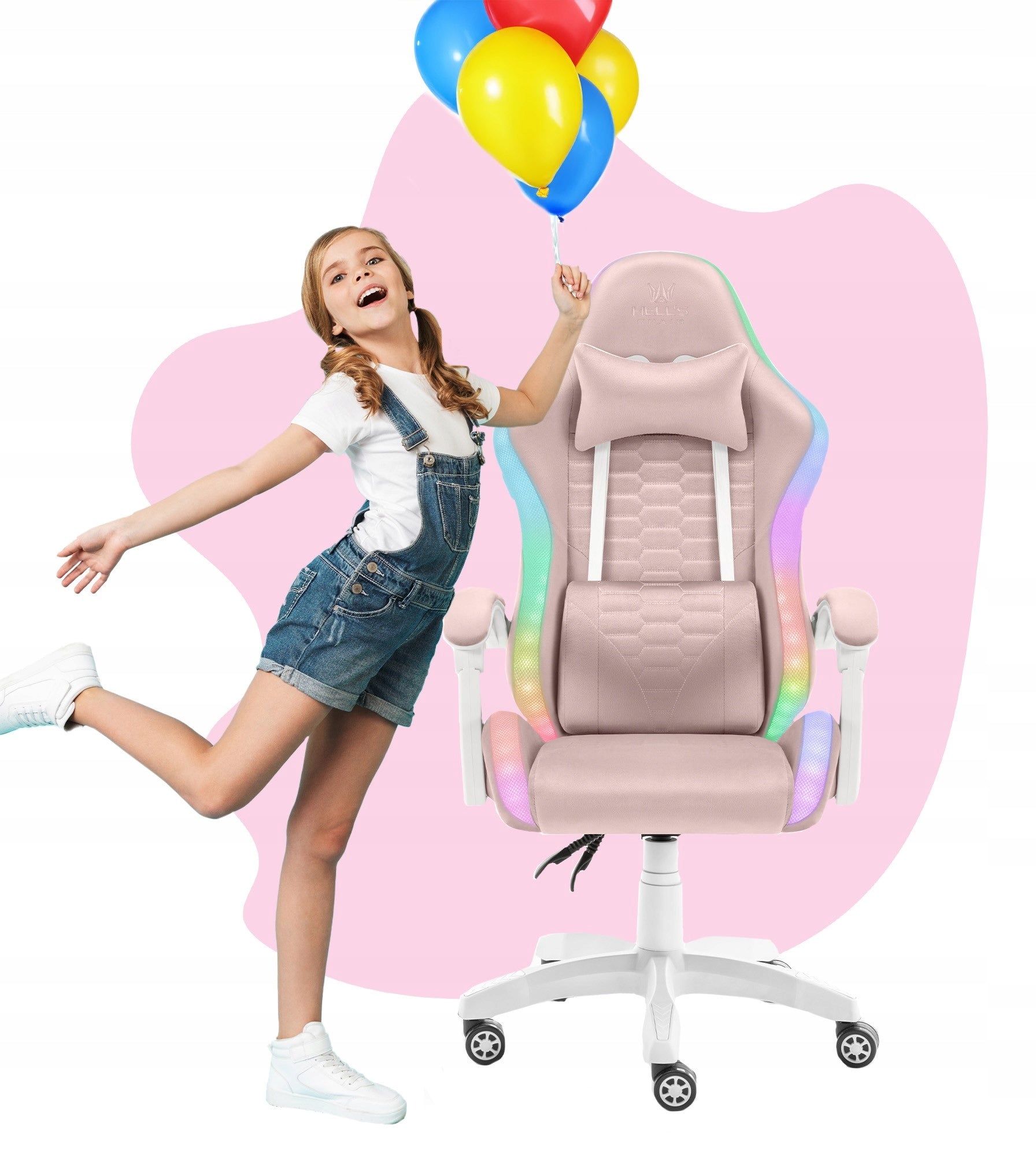 Children's Rotating Gaming Chair Hell's Chair HC-1000 LED Pink Fabric Manufacturer code HC- 1000 Kids Pink- White- Tkanina LED RGB