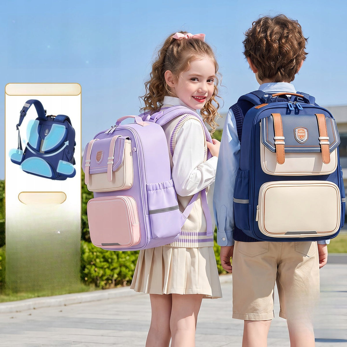 Children's School Backpack English Style Blue Brown Lightweight Spacious Gender unisex