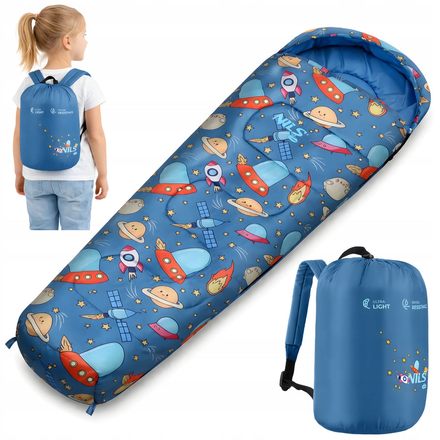 Children's Sleeping Bag Hiking Camping Mummy With Backpack 170x60 cm SPACE Packaging status original