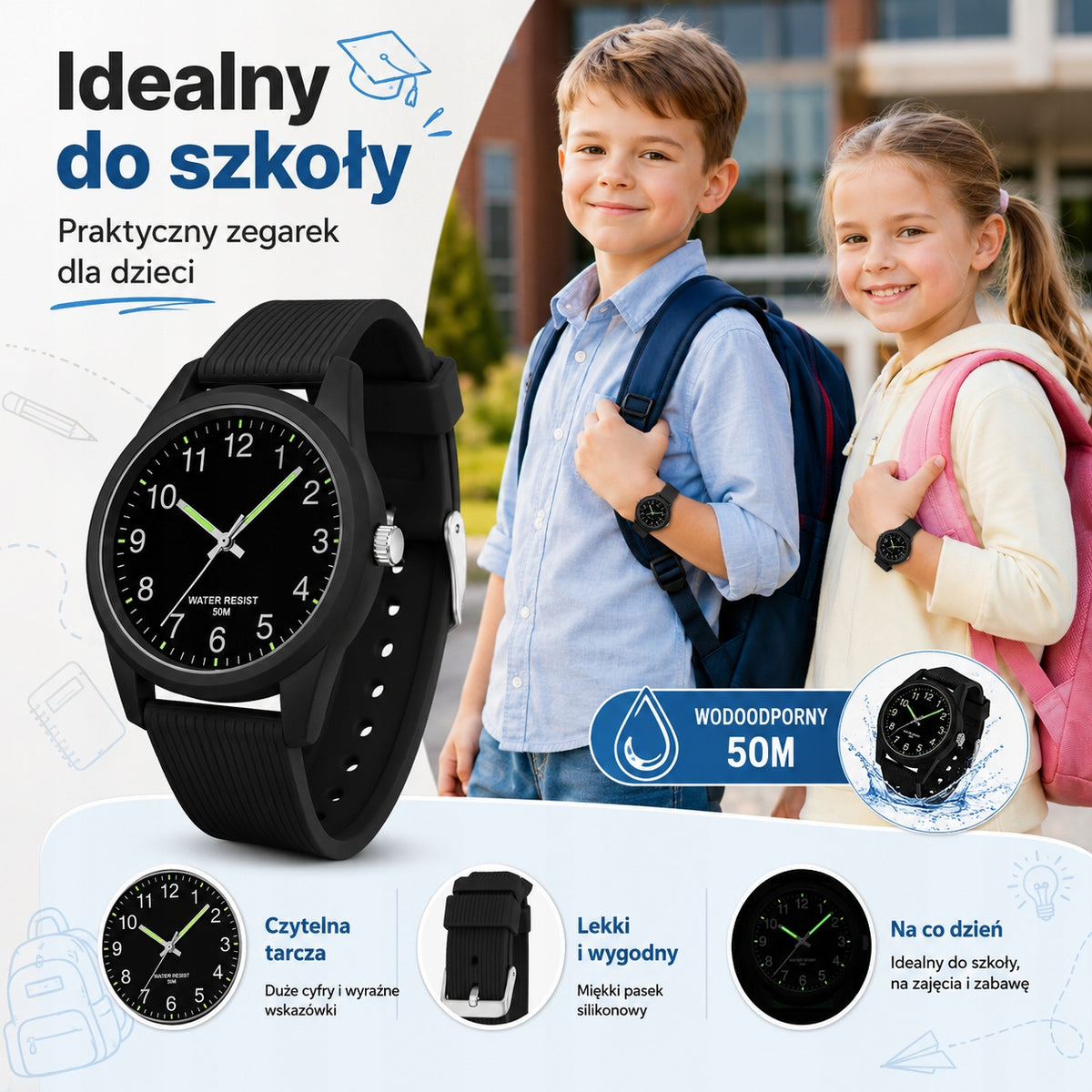 Children's Watch Quartz Black Waterproof for School Packaging status original