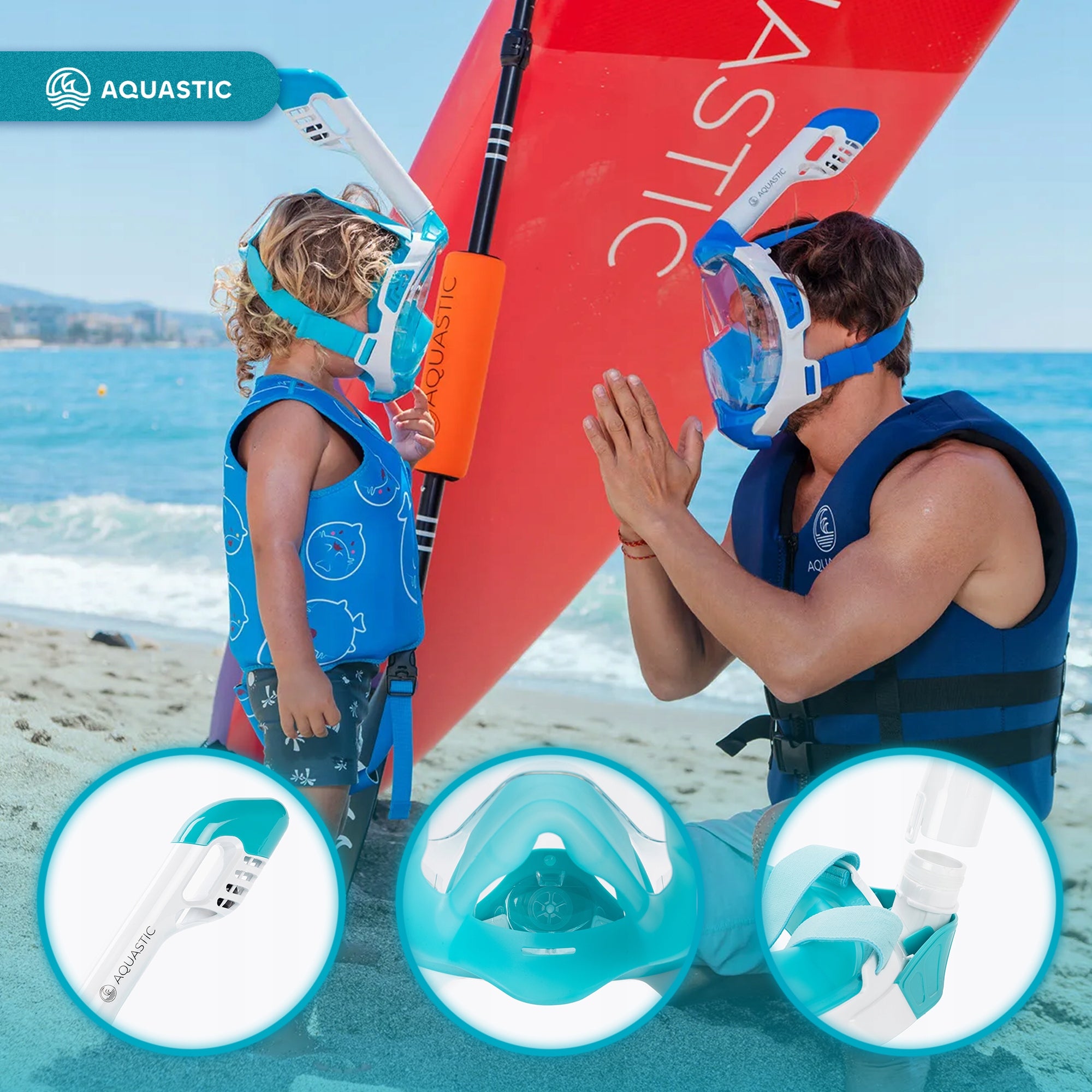 Children's Water Snorkeling Mask AQUASTIC KAI Jr Turquoise Kind full face with tube
