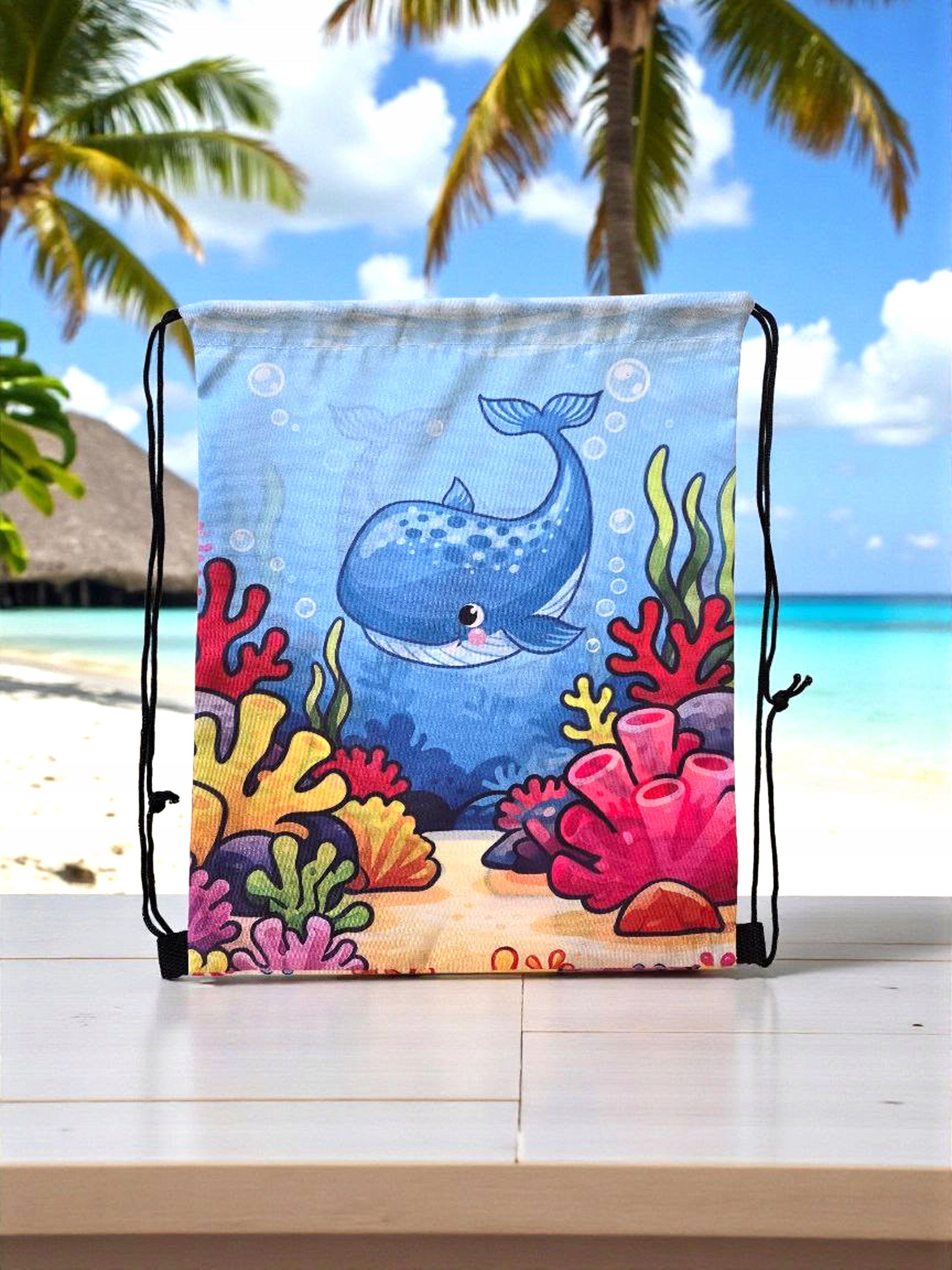 Children's bag with strings whale in reef for pool, beach, school Packaging status original