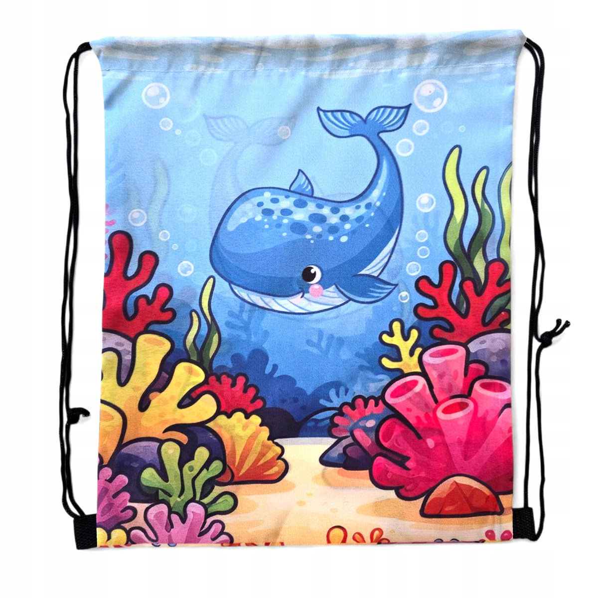 Children's bag with strings whale in reef for pool, beach, school
