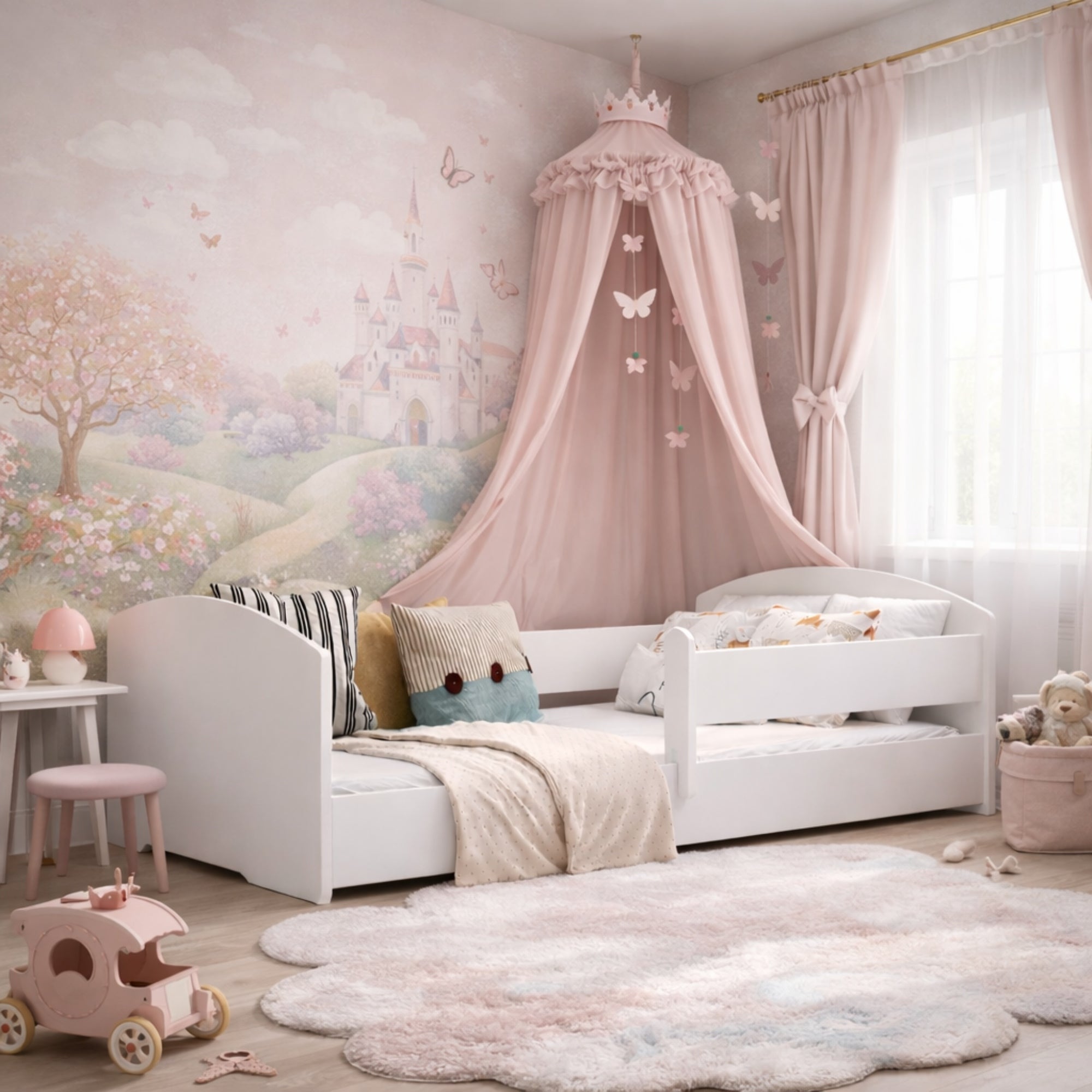 Children's bed 140x70 single low Montessori barrier white LEO Manufacturer code LEO/140x70/BM