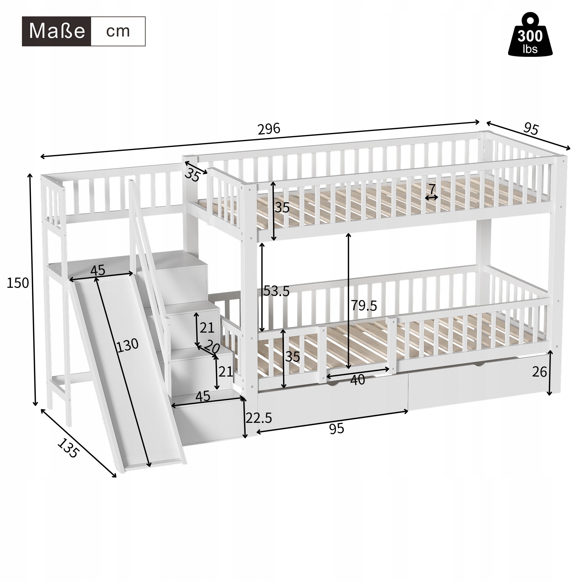 Children's bed Bunk beds slide stairs drawers 90x200cm white Collection nowoczesny