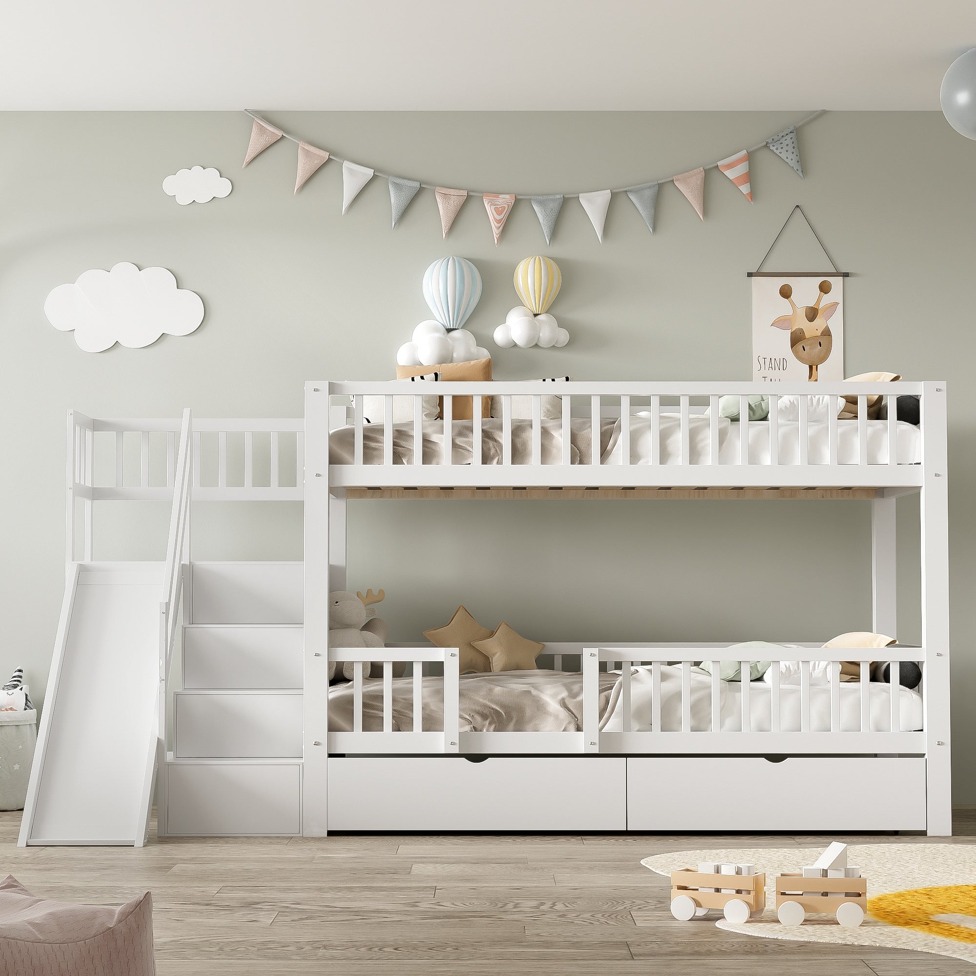Children's bed Bunk beds slide stairs drawers 90x200cm white