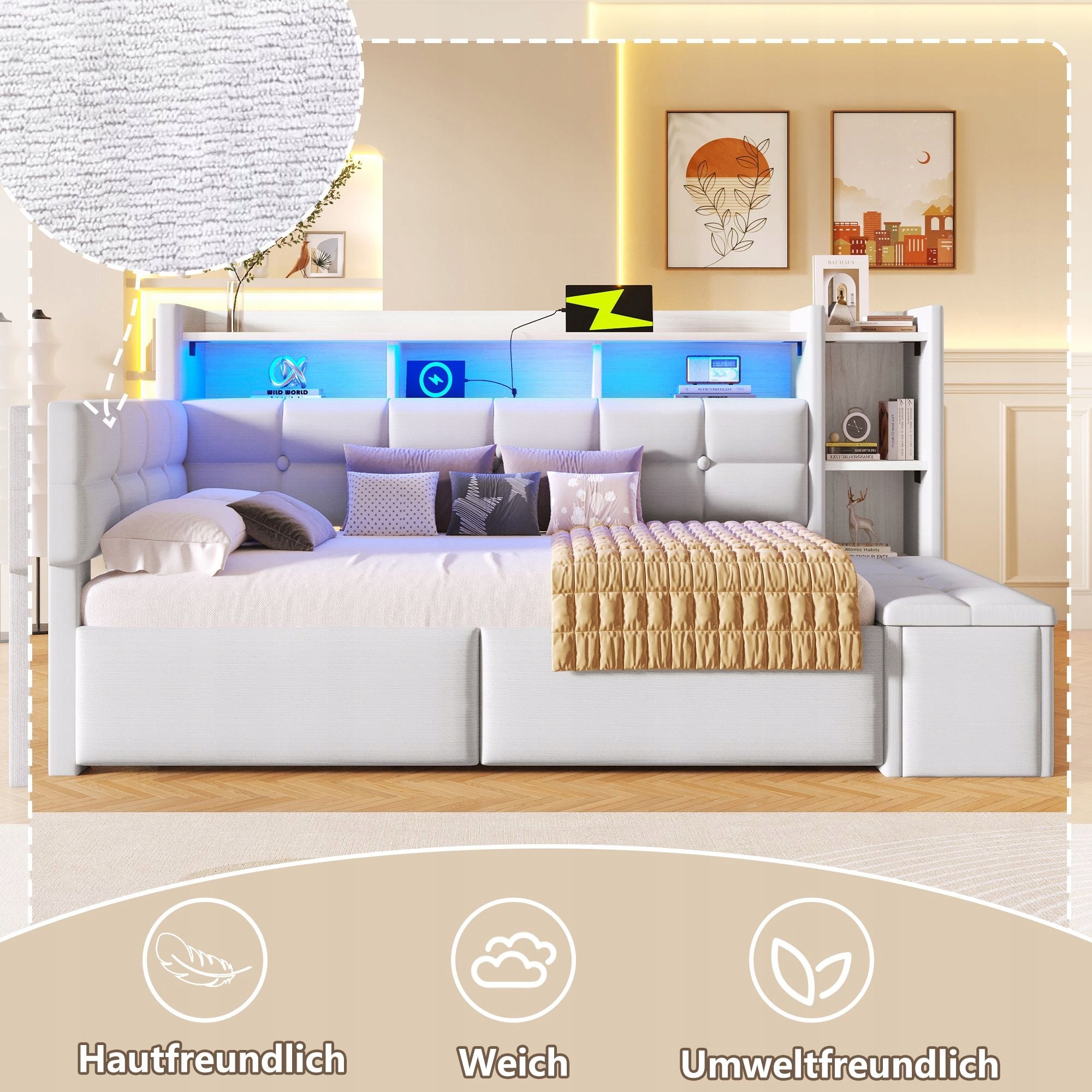 Children's bed Sofa bed 90x190 with LED and charger with drawers White Manufacturer code 6923684467607