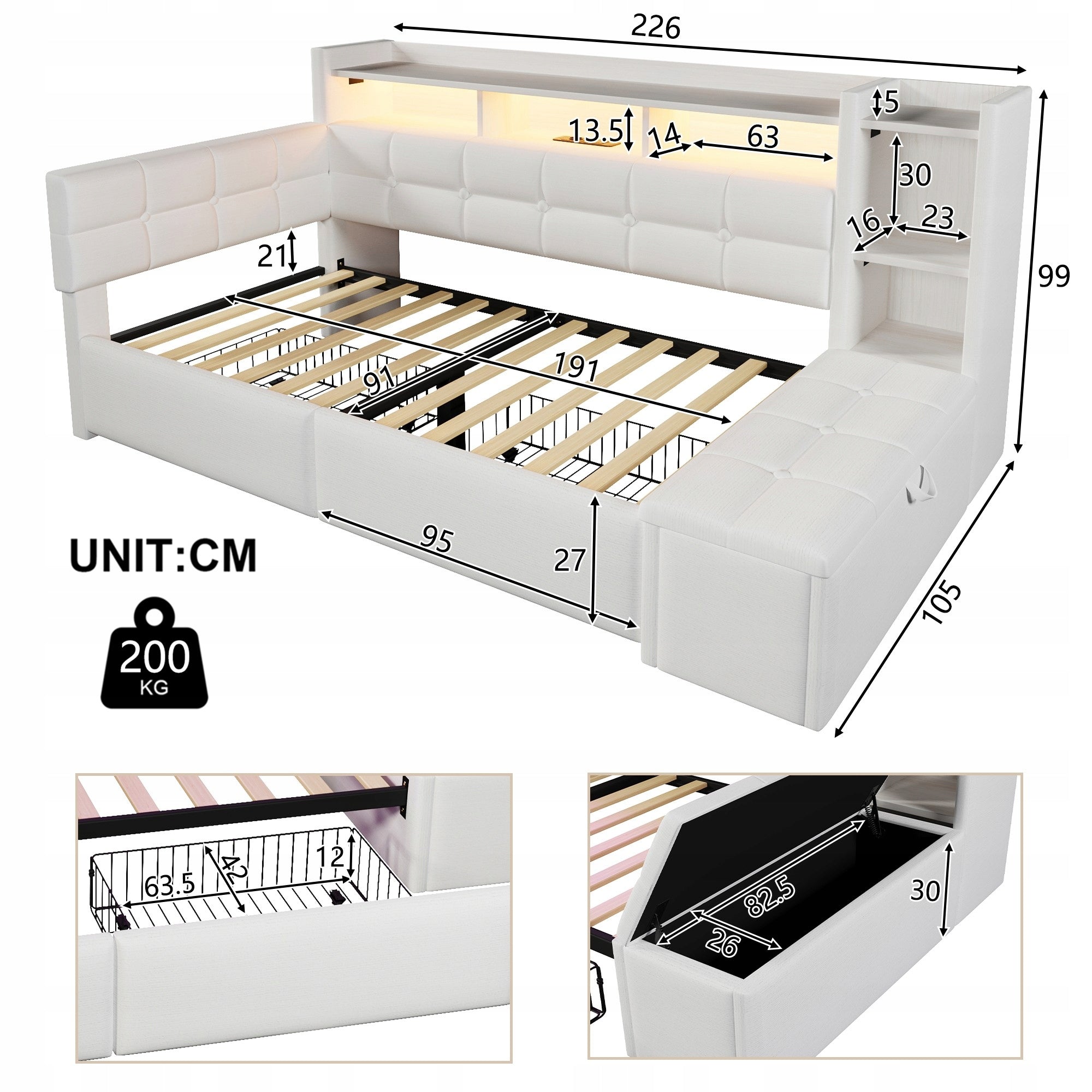 Children's bed Sofa bed 90x190 with LED and charger with drawers White Packaging status original