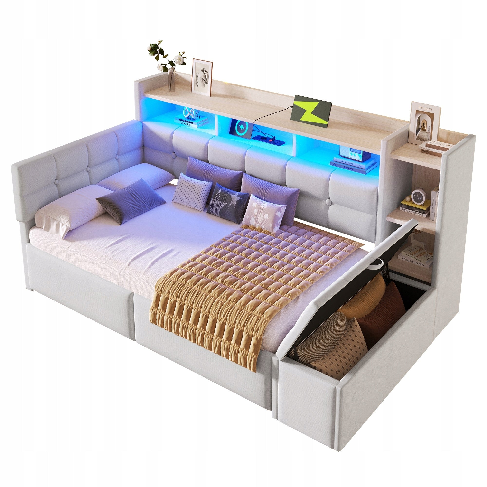 Children's bed Sofa bed 90x190 with LED and charger with drawers White