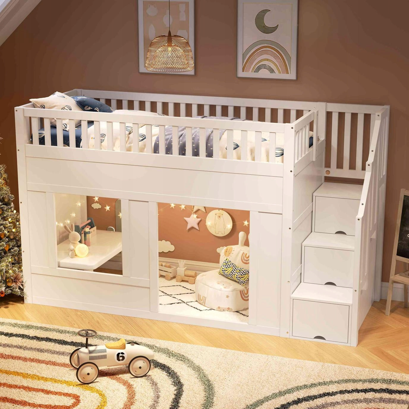 Children's bed, bunk bed, 90 x 200 cm, bunk bed with stairs White Packaging status original