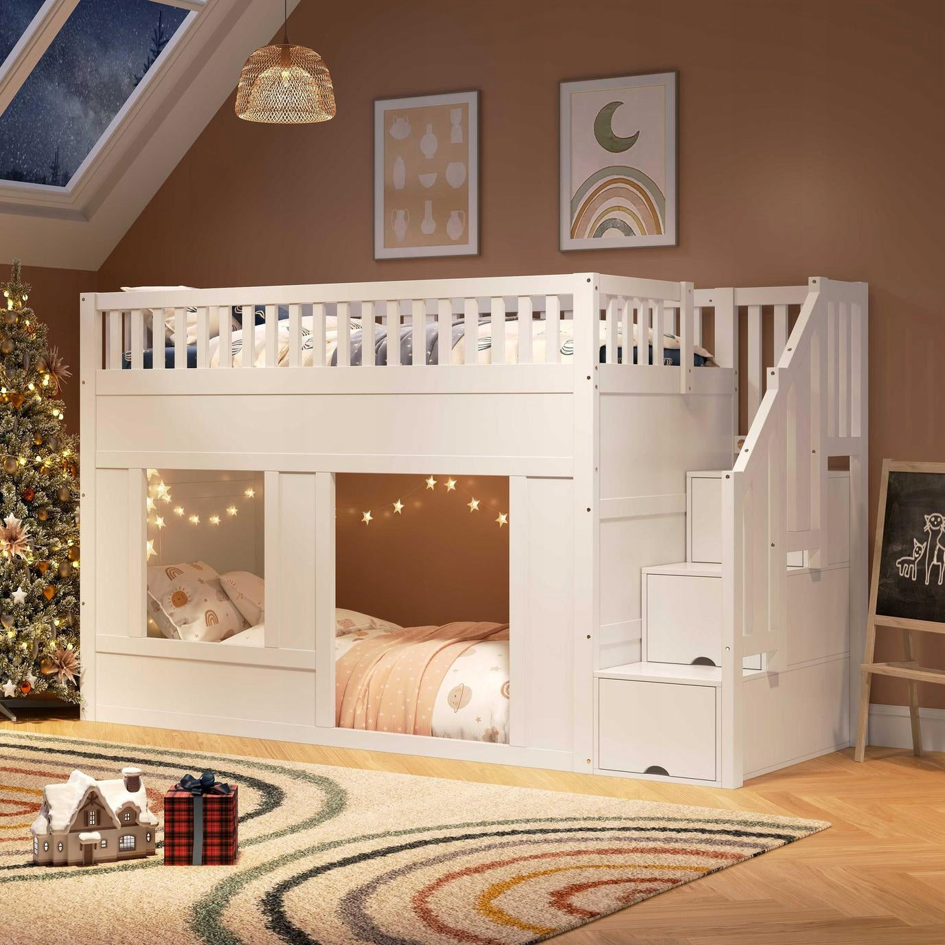 Children's bed, bunk bed, 90 x 200 cm, bunk bed with stairs White