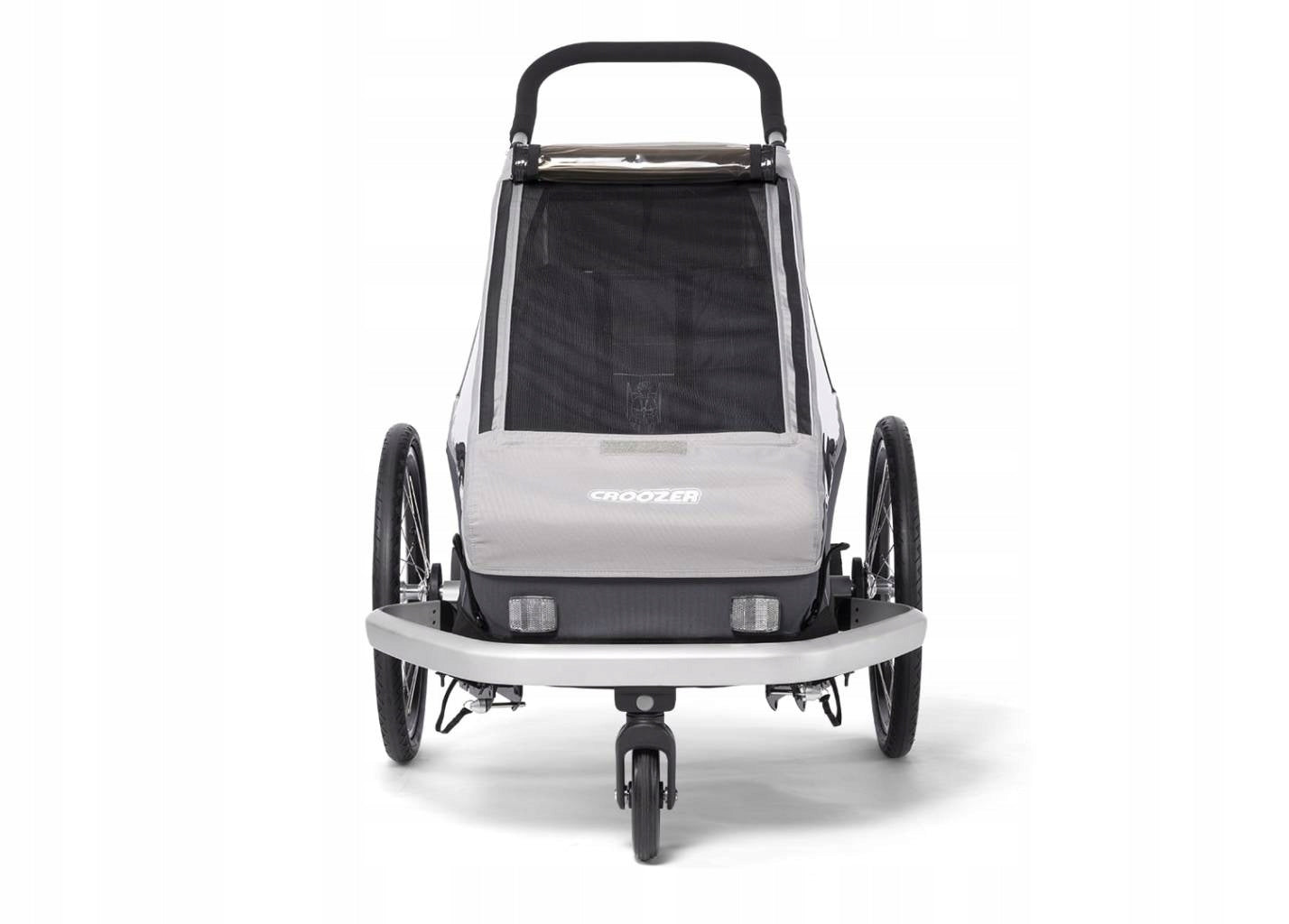 Children's bicycle trailer Croozer Kid Keeke 1 Stone Grey Additional features shock absorption safety flag rain cover brake pockets stroller front wheel included axle-mounted mosquito net hi-vis reflectors lighting 5-point harness pumped wheels cargo space adjustable handles foldable trailer design waterproof bicycle trailer hook walking set covered