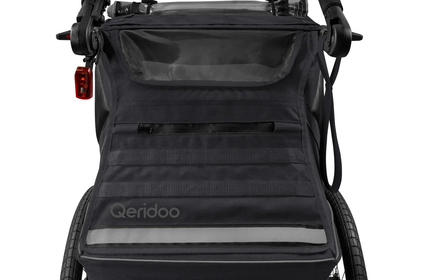 Children's bicycle trailer Qeridoo Kidgoo 1 Phantom Grey Additional features shock absorption safety flag rain cover jogger function brake pockets stroller front wheel included axle-mounted mosquito net hi-vis reflectors sun visors lighting securing straps 5-point harness support pumped wheels cargo space adjustable handles foldable trailer design waterproof bicycle trailer hook walking set covered