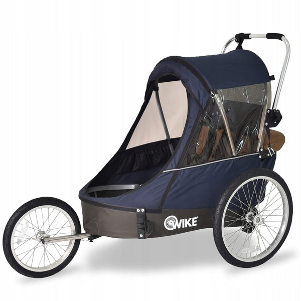 Children's bicycle trailer Wike Premium Double navy blue brown_n Additional features safety flag rain cover jogger function brake pockets stroller front wheel included axle-mounted mosquito net hi-vis reflectors sun visors 5-point harness pumped wheels cargo space foldable trailer design bicycle trailer hook walking set covered