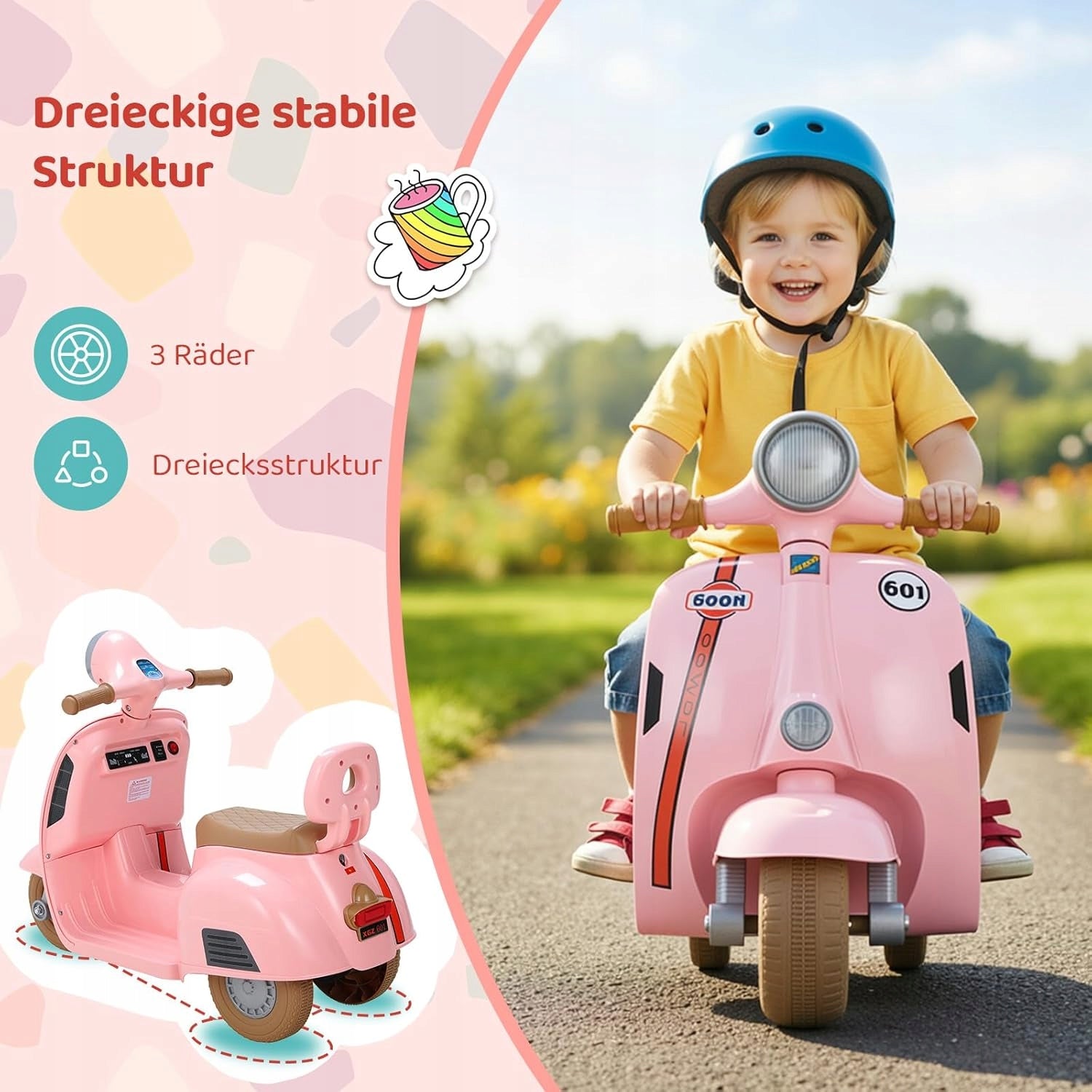 Children's electric motorcycle MAMIZO, 6 V, 3-wheel 72 x 56 x 37cm 2 km/h Manufacturer code H1 - MOTOREK VESPA RÓŻOWY
