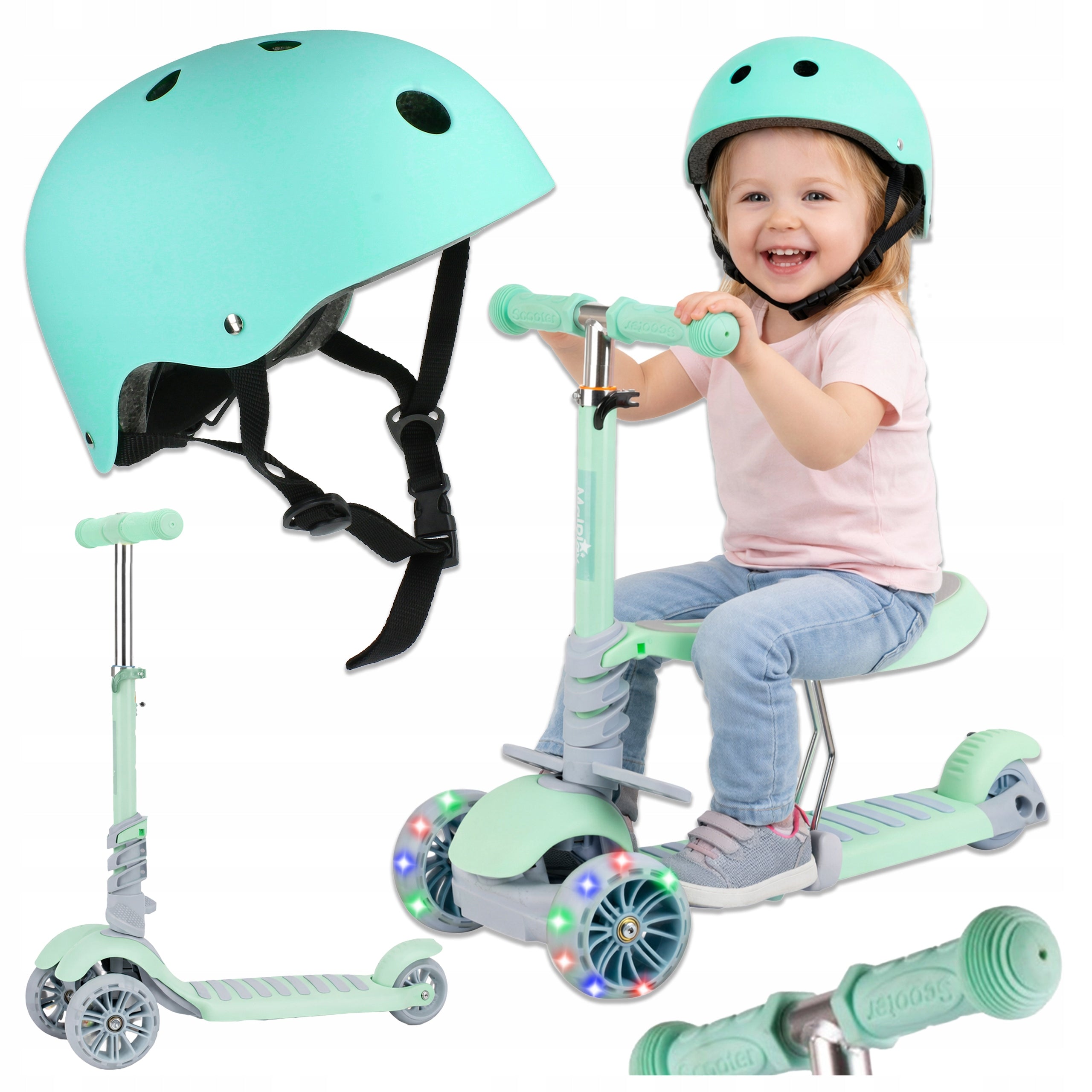 Children's scooter 2in1 with saddle adjustable + LED helmet 3 balance wheels