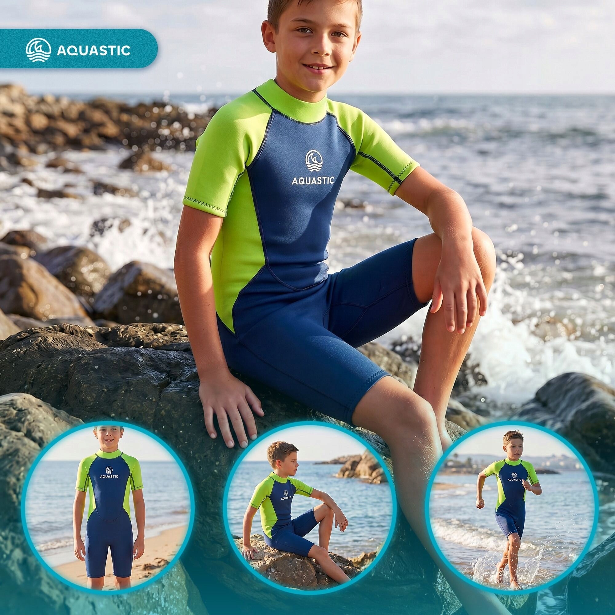 Children's swimming wetsuit AQUASTIC Wavey Jrb 2mm green 131-140 Collection wiosna/lato