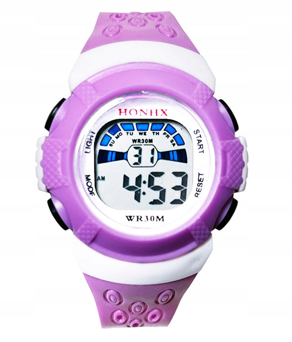 Children's watch HONHX purple blue electronic date stopwatch 12/24