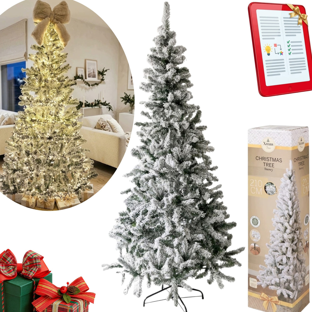 Christmas Tree Artificial Snowy 210 cm White Christmas Metal Stand + Ebook