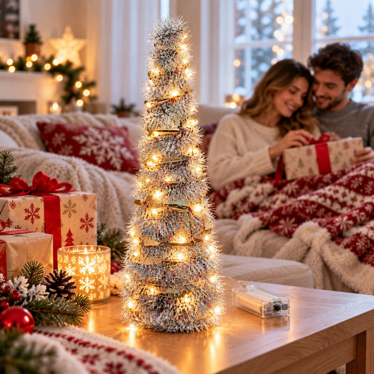 Christmas Tree Decoration Ornament 40cm Silver Battery Operated Led Cone Christmas Table Packaging status original