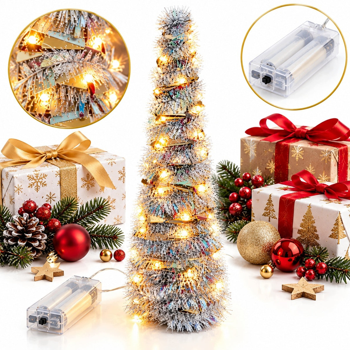Christmas Tree Decoration Ornament 40cm Silver Battery Operated Led Cone Christmas Table