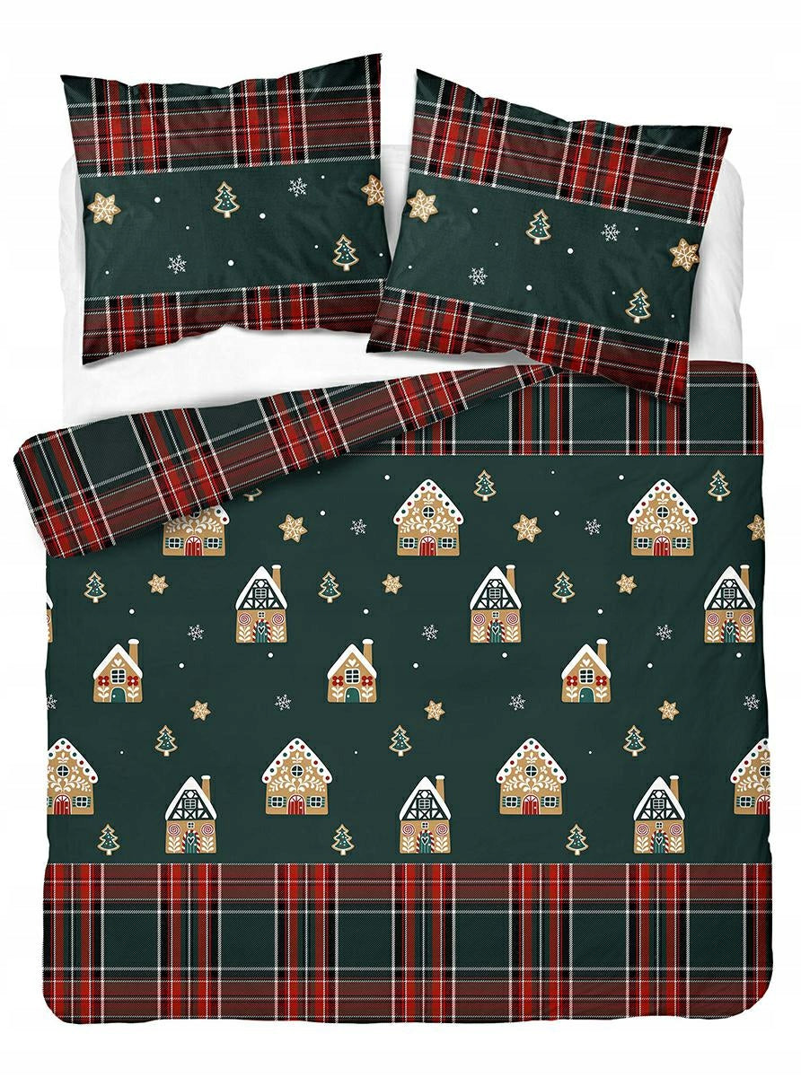 Christmas bedding 220x200 dark green with gingerbread houses and checkered