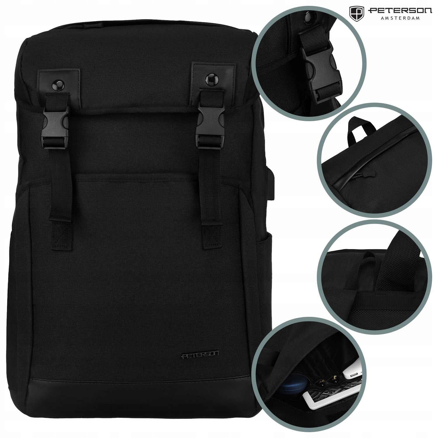City backpack black Peterson school laptop port USB roomy Brand Peterson