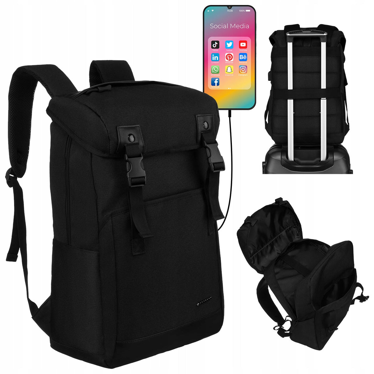 City backpack black Peterson school laptop port USB roomy