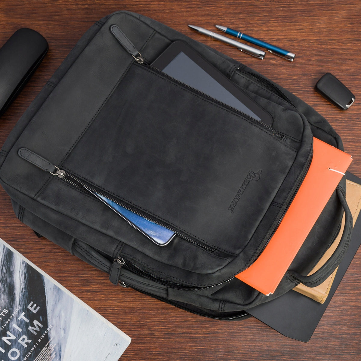 Class Leather Laptop Backpack Large roomy 15,6 business A4 black Brand Beltimore
