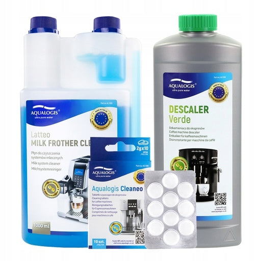 Cleaning Kit for Espresso Machines - Liquid Latteo 1L, Verde 1L, Cleaneo Tablets