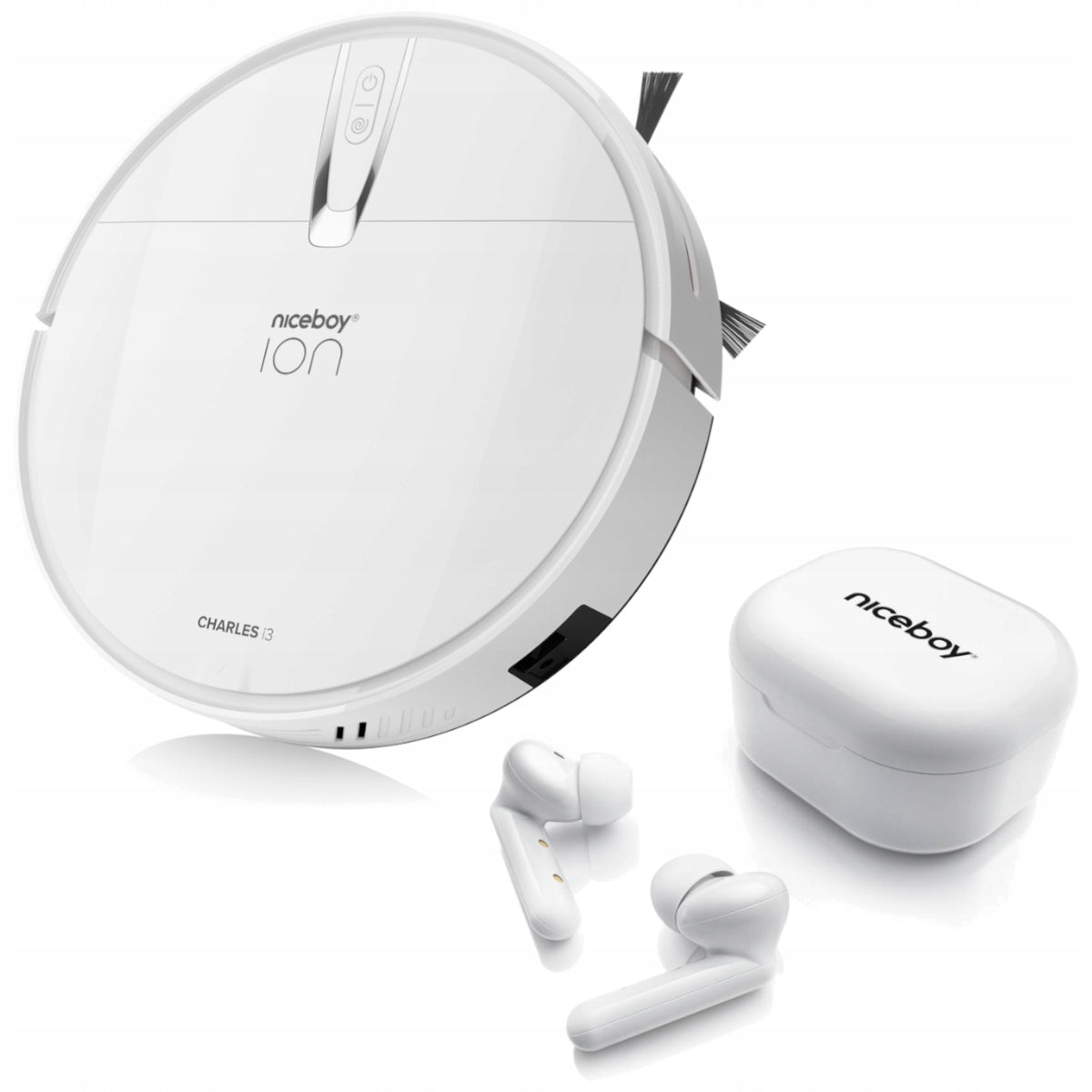 Cleaning Robot Niceboy ION Charles i3 White + Headphones HIVE Pins White