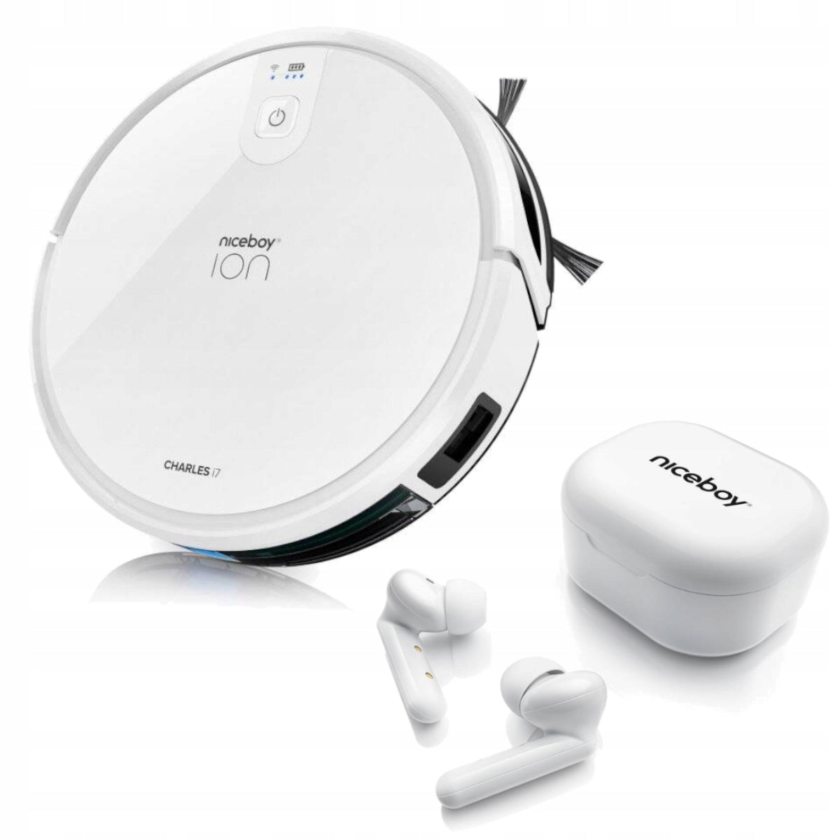 Cleaning Robot Niceboy ION Charles i7 White + Headphones HIVE Pins White