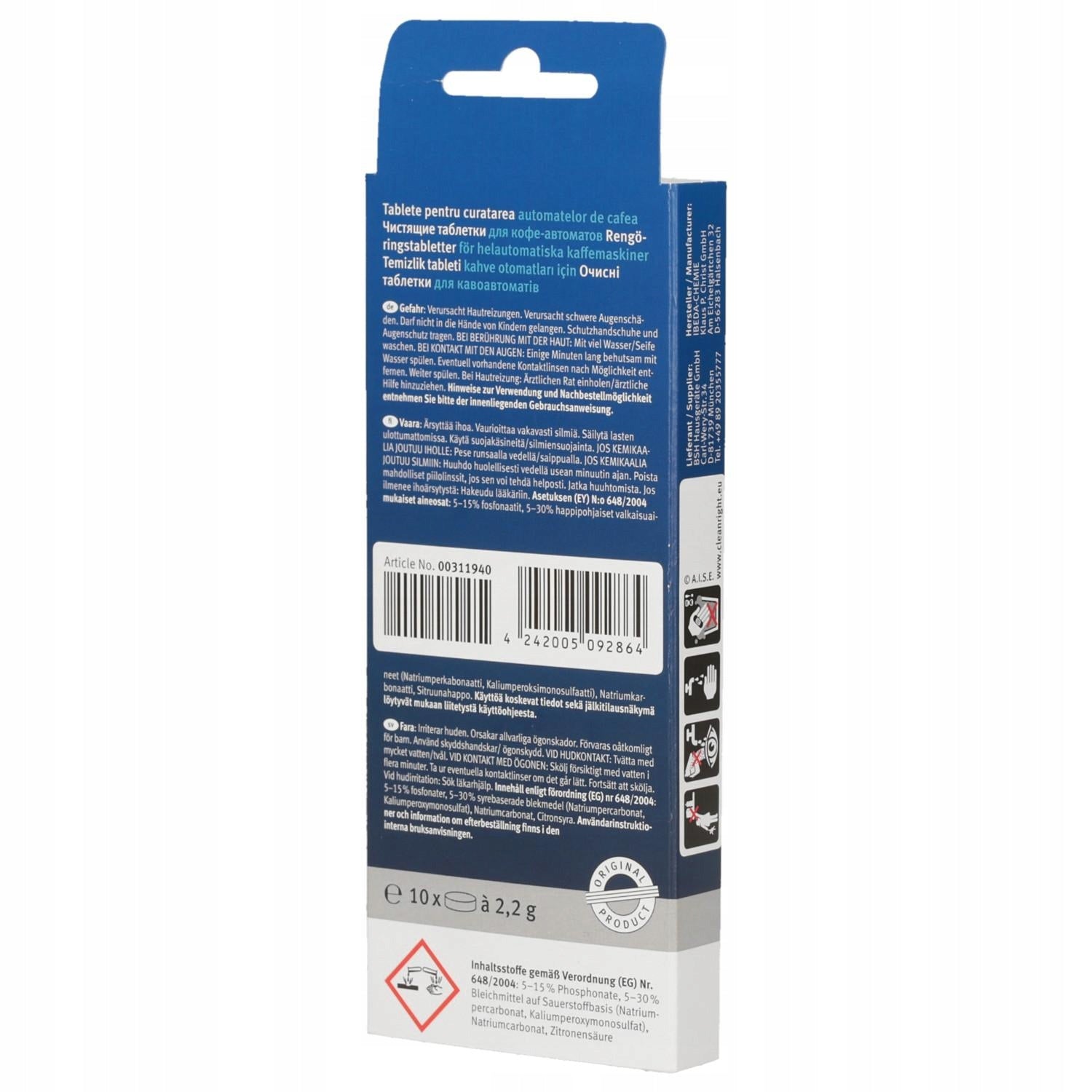 Cleaning tablets for Bosch 00311969 white 10 x 2,2 g machines Manufacturer code 00311969