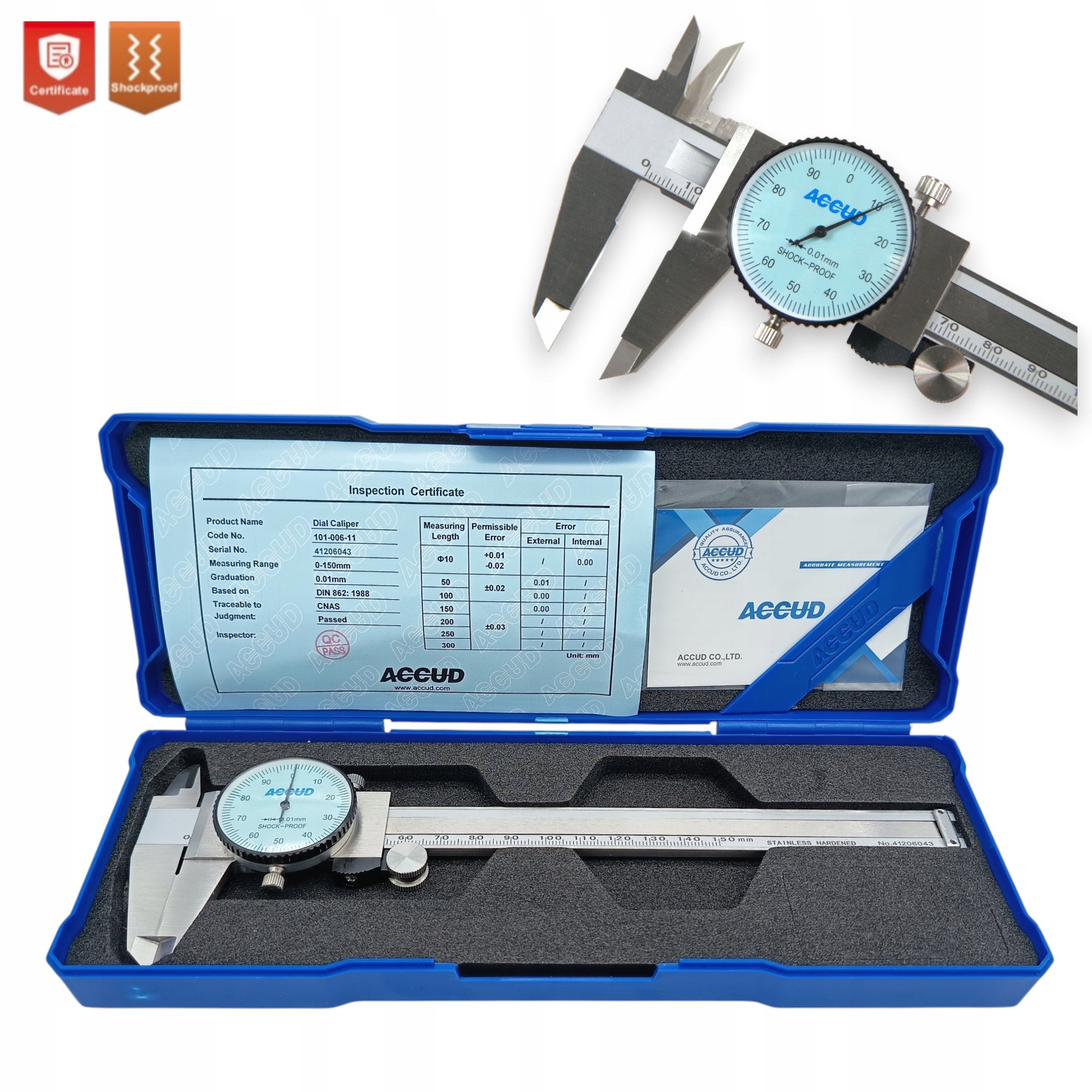 Clock Caliper 0-150 mm 0,01 Shockproof Accurate Calibrated ACCUD