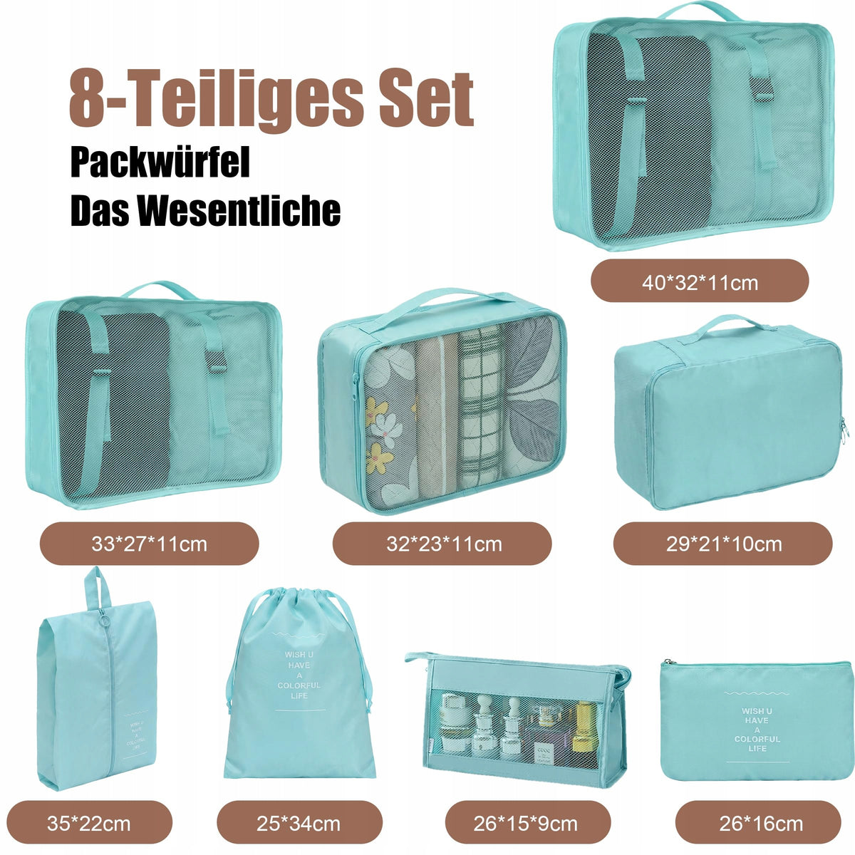Clothes Organizer 8 Pcs SQUASHIC Waterproof Turquoise For Travel Packaging status original
