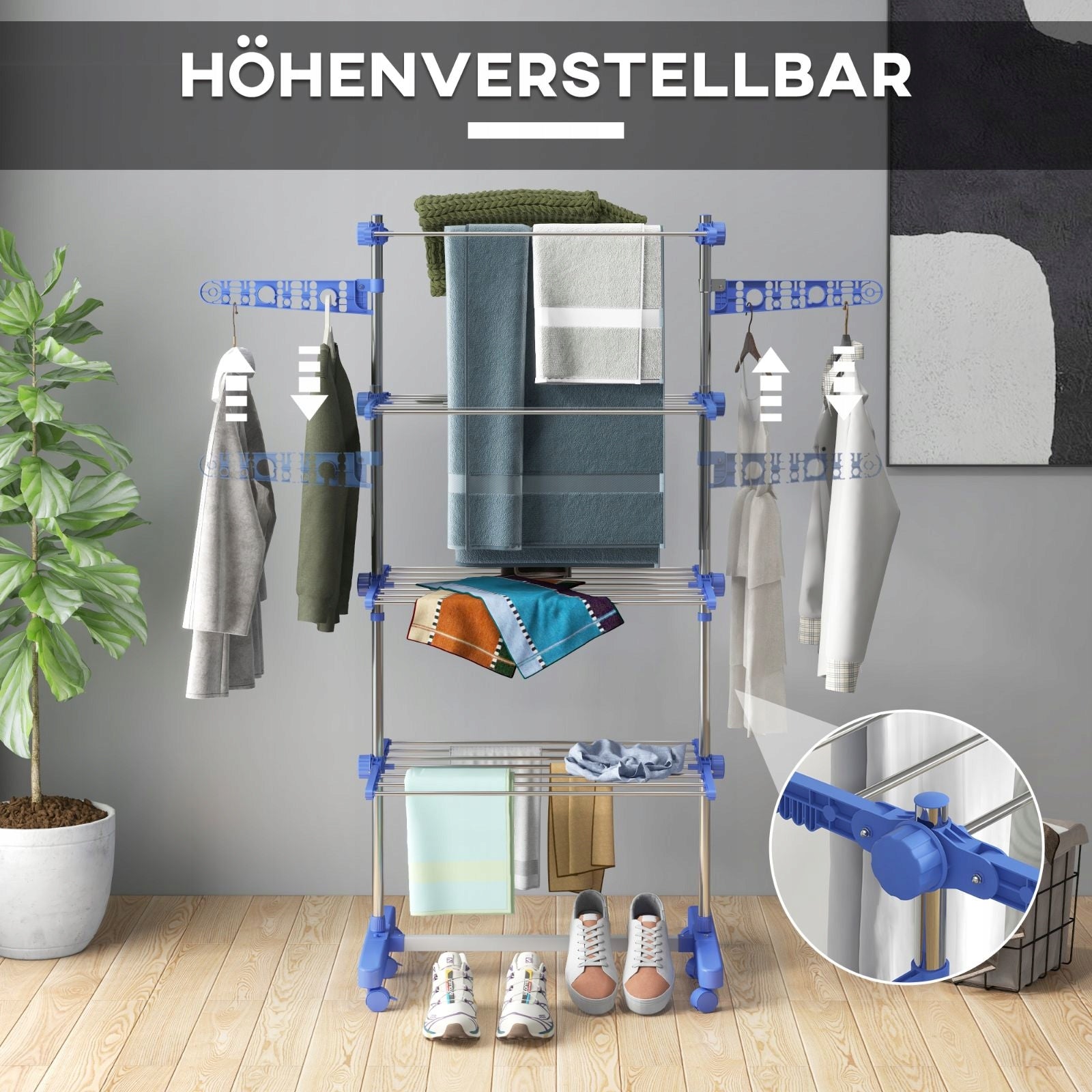 Clothes dryer with wheels, foldable, blue steel Unfolded width 142 cm