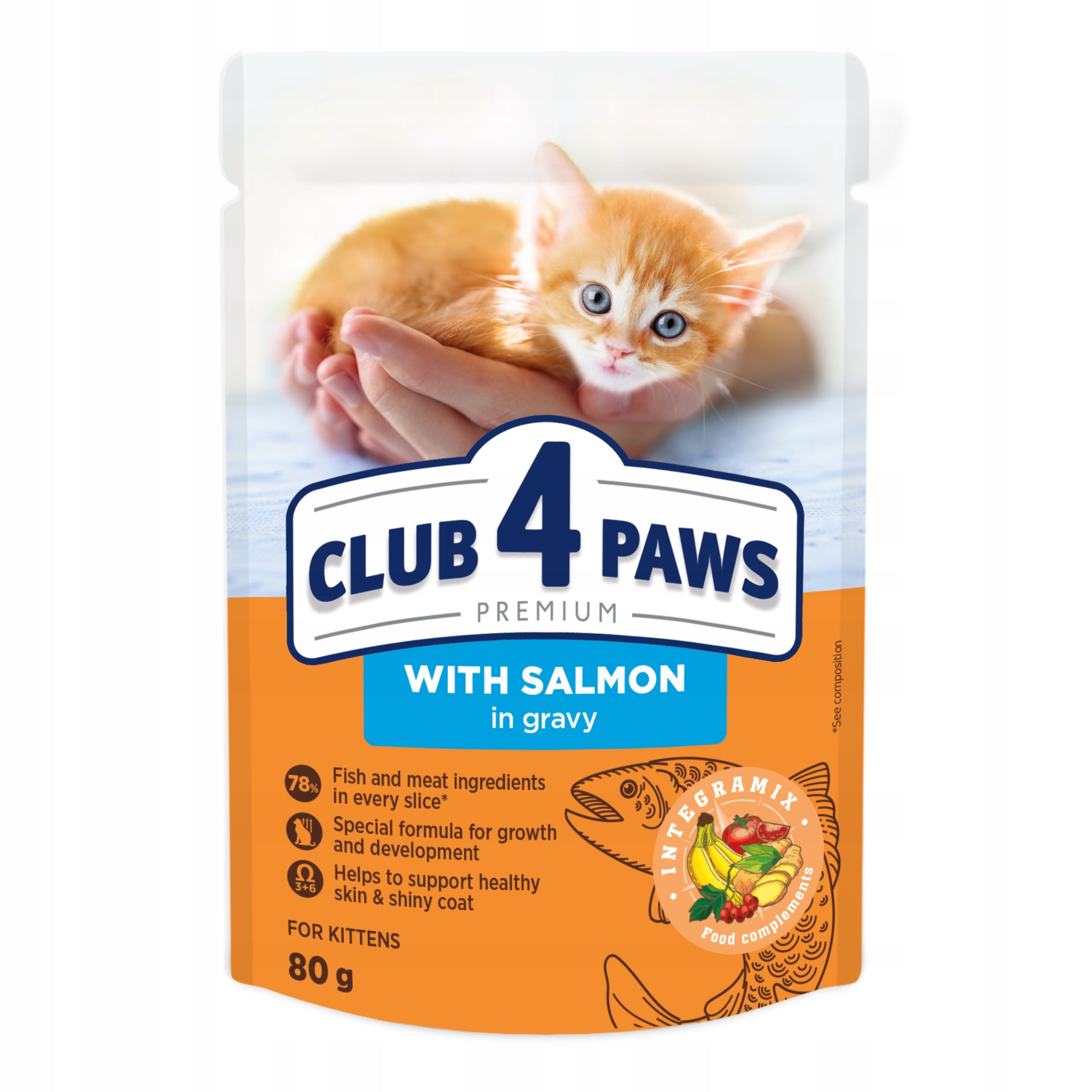 Club 4 Paws Kitten Wet Food Salmon in Gravy 24x80g Packaging status original