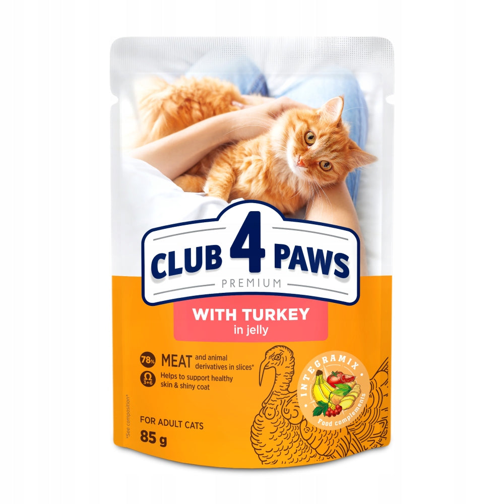 Club 4 Paws Premium Adult Cat Wet Food Turkey in Jelly 24x85g Packaging status original